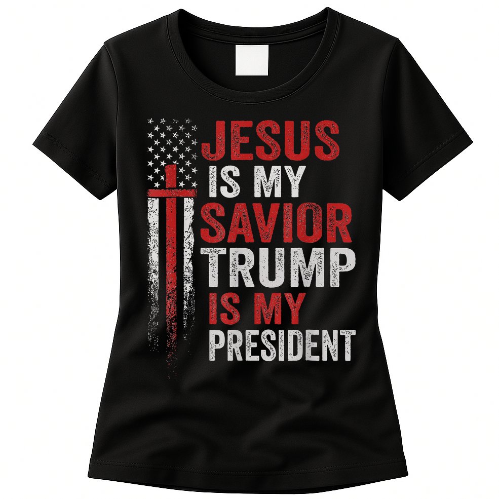 Jesus Is My Savior Trump Is My President American Flag Womens T-Shirt