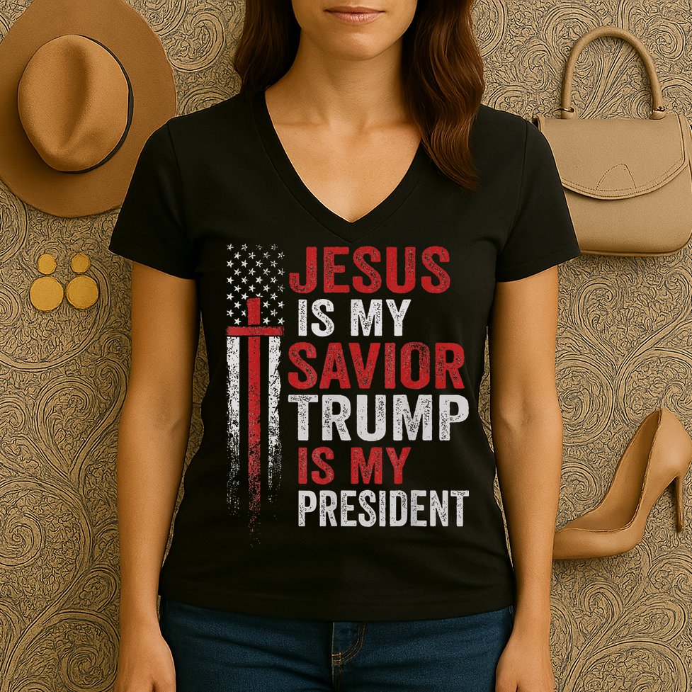Jesus Is My Savior Trump Is My President American Flag Women's V-Neck T-Shirt