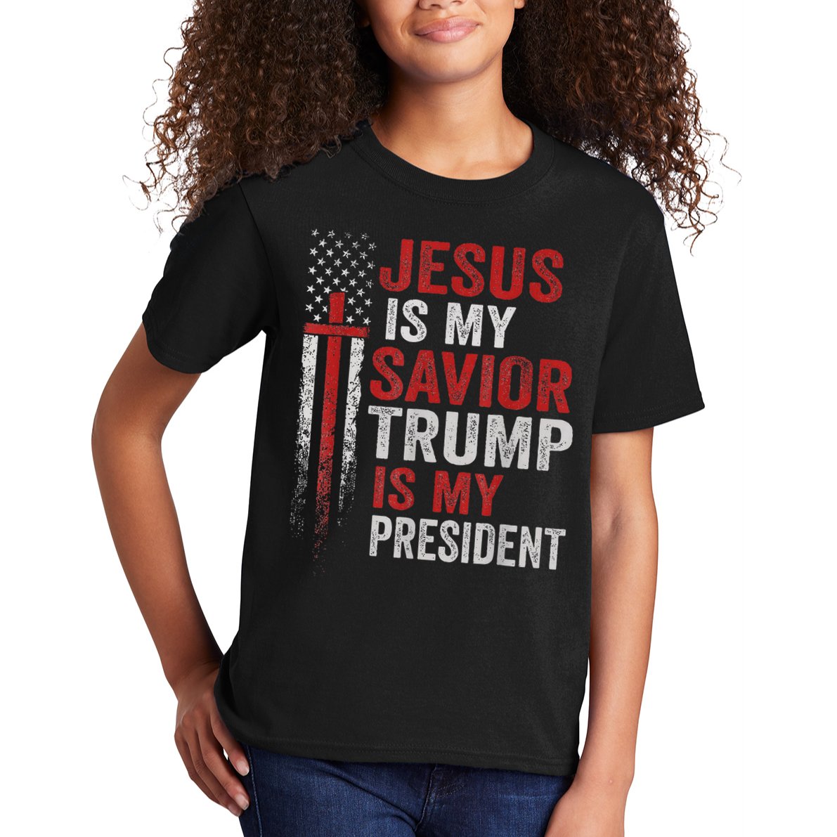 Jesus Is My Savior Trump Is My President American Flag Kids T-Shirt