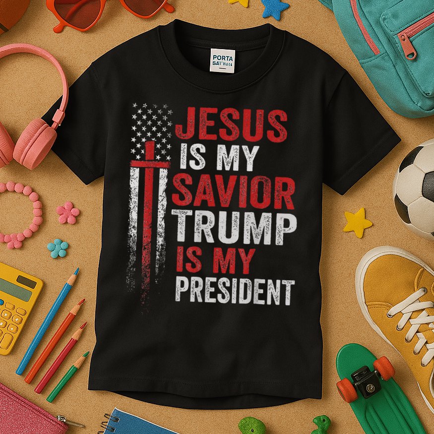Jesus Is My Savior Trump Is My President American Flag Kids T-Shirt