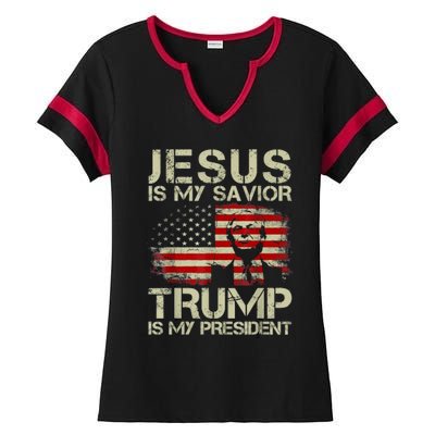 Jesus Is My Savior Trump Is My President Trump 2024 Usa Flag Ladies Halftime Notch Neck Tee