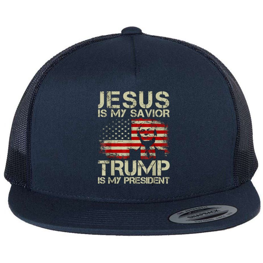 Jesus Is My Savior Trump Is My President Trump 2024 Usa Flag Flat Bill Trucker Hat