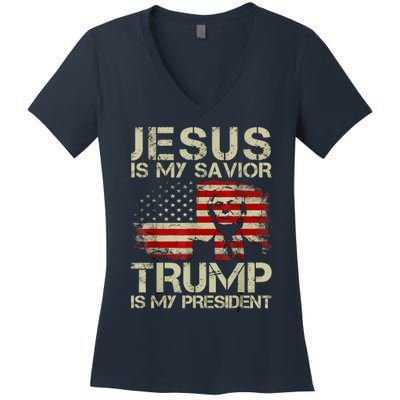 Jesus Is My Savior Trump Is My President Trump 2024 Usa Flag Women's V-Neck T-Shirt