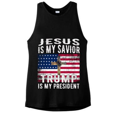 Jesus Is My Savior Trump Is My President American Flag Ladies PosiCharge Tri-Blend Wicking Tank