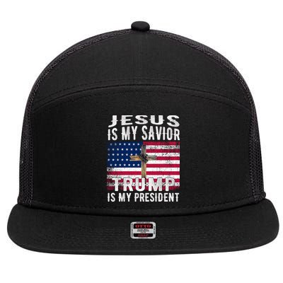 Jesus Is My Savior Trump Is My President American Flag 7 Panel Mesh Trucker Snapback Hat