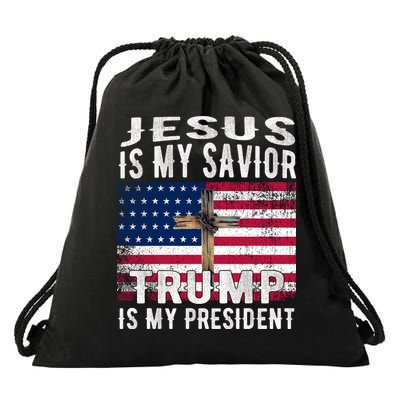 Jesus Is My Savior Trump Is My President American Flag Drawstring Bag