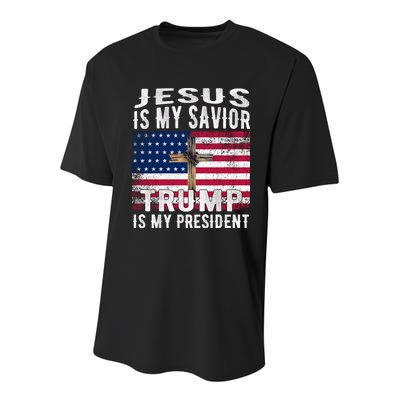 Jesus Is My Savior Trump Is My President American Flag Youth Performance Sprint T-Shirt