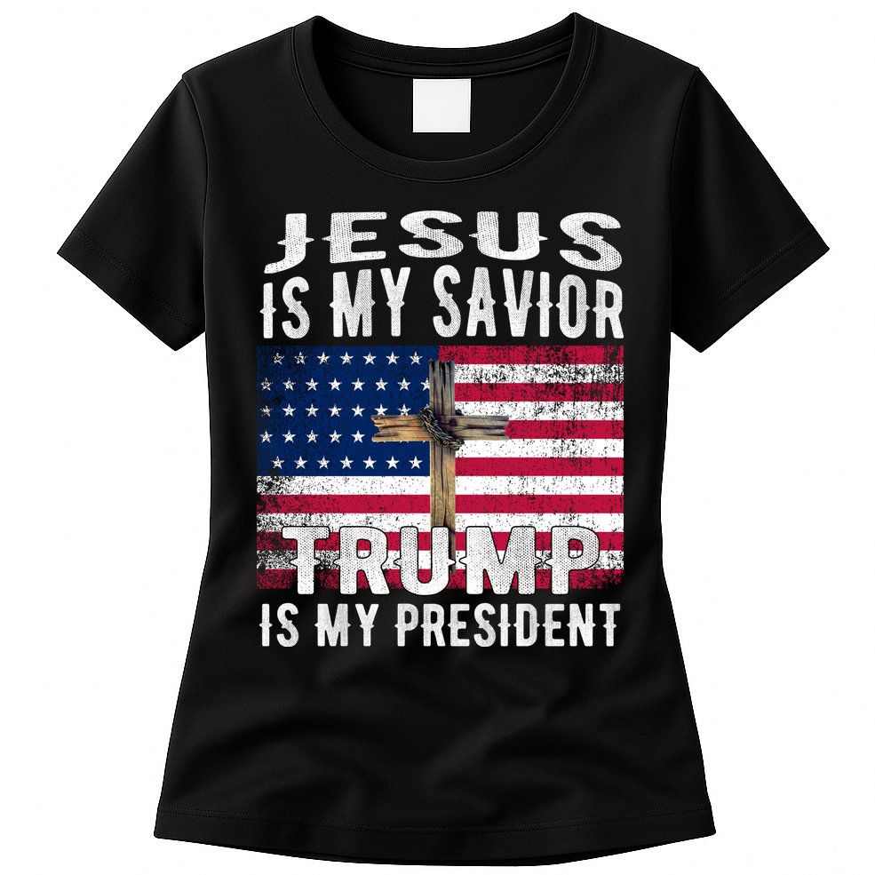 Jesus Is My Savior Trump Is My President American Flag Womens T-Shirt