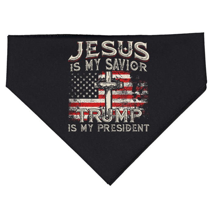 Jesus Is My Savior Trump Is My President American Flag USA-Made Doggie Bandana