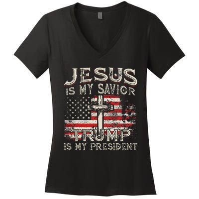 Jesus Is My Savior Trump Is My President American Flag Women's V-Neck T-Shirt