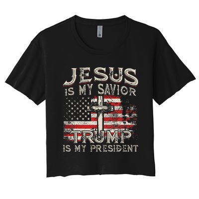 Jesus Is My Savior Trump Is My President American Flag Women's Crop Top Tee