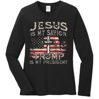 Jesus Is My Savior Trump Is My President American Flag Ladies Long Sleeve Shirt