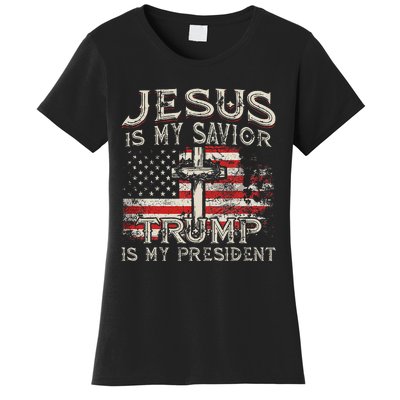 Jesus Is My Savior Trump Is My President American Flag Women's T-Shirt