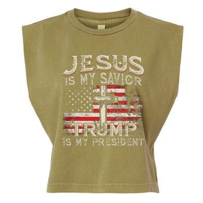 Jesus Is My Savior Trump Is My President American Flag Garment-Dyed Women's Muscle Tee