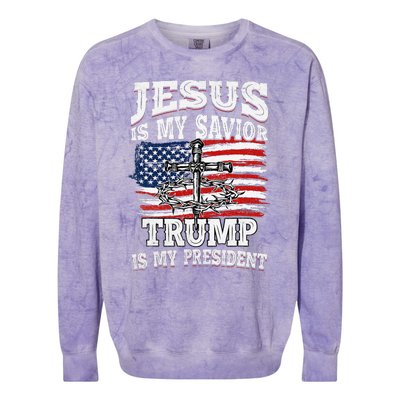 Jesus Is My Savior Trump Is My President American Flag Colorblast Crewneck Sweatshirt