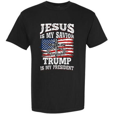 Jesus Is My Savior Trump Is My President American Flag Garment-Dyed Heavyweight T-Shirt