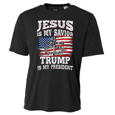 Jesus Is My Savior Trump Is My President American Flag Cooling Performance Crew T-Shirt