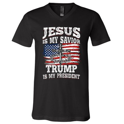 Jesus Is My Savior Trump Is My President American Flag V-Neck T-Shirt