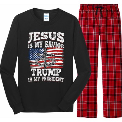 Jesus Is My Savior Trump Is My President American Flag Long Sleeve Pajama Set