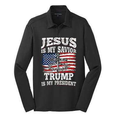 Jesus Is My Savior Trump Is My President American Flag Silk Touch Performance Long Sleeve Polo