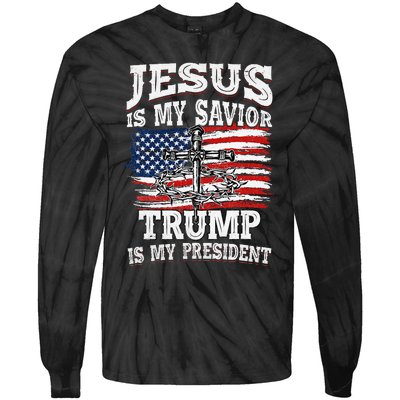 Jesus Is My Savior Trump Is My President American Flag Tie-Dye Long Sleeve Shirt