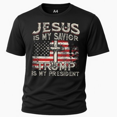 Jesus Is My Savior Trump Is My President American Flag Cooling Performance Crew T-Shirt