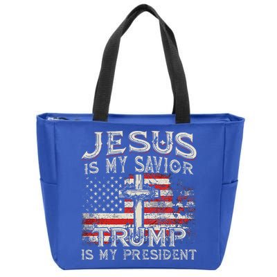 Jesus Is My Savior Trump Is My President American Flag Zip Tote Bag
