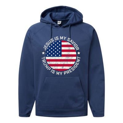 Jesus Is My Savior Trump Is My President Vintage White Gift Performance Fleece Hoodie