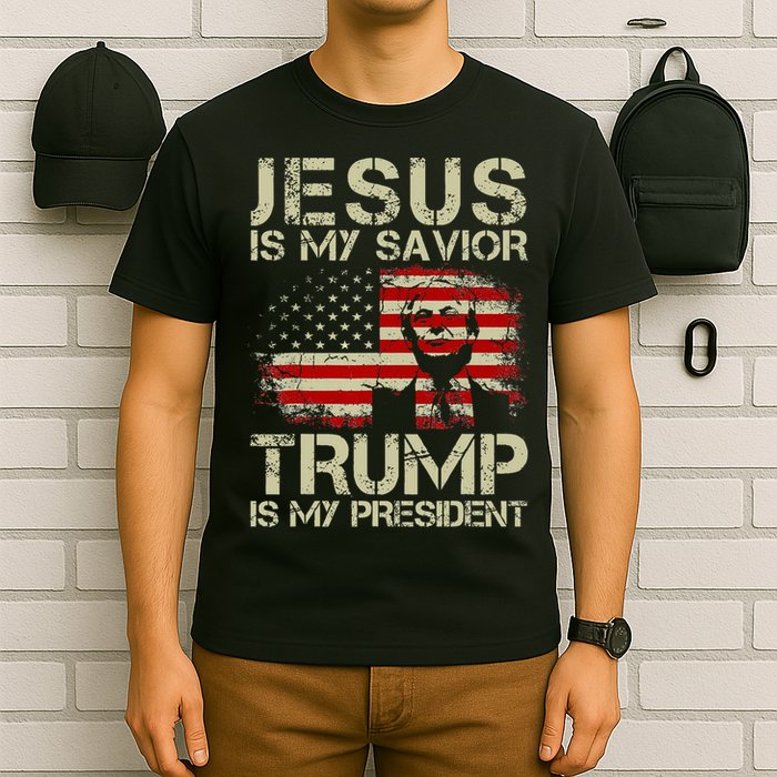 Jesus Is My Savior Trump Is My President Trump 2024 USA Flag T-Shirt