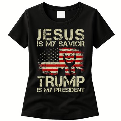 Jesus Is My Savior Trump Is My President Trump 2024 USA Flag Womens T-Shirt
