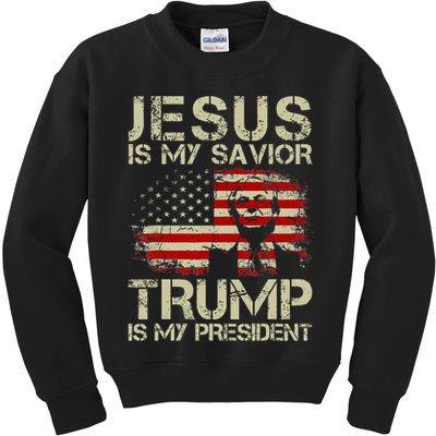 Jesus Is My Savior Trump Is My President Trump 2024 USA Flag Kids Sweatshirt