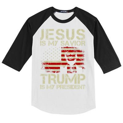 Jesus Is My Savior Trump Is My President Trump 2024 USA Flag Kids Colorblock Raglan Jersey