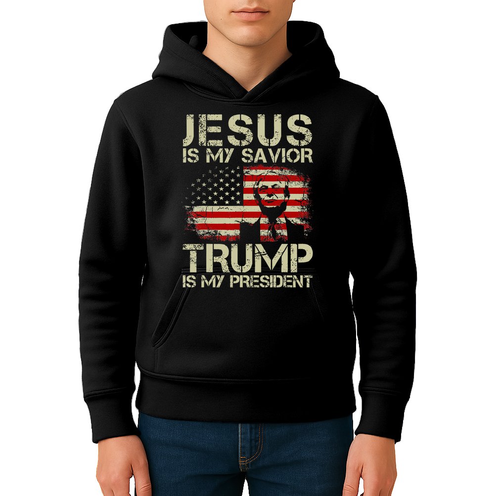 Jesus Is My Savior Trump Is My President Trump 2024 USA Flag Kids Hoodie