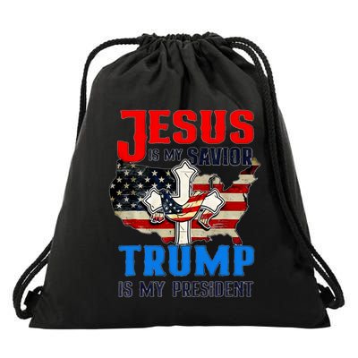 Jesus Is My Savior Trump Is My President Us Flag Funny Gift Drawstring Bag