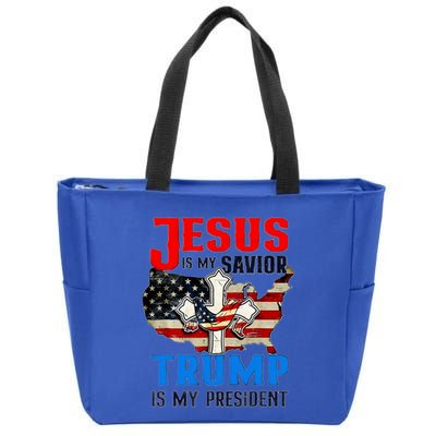 Jesus Is My Savior Trump Is My President Us Flag Funny Gift Zip Tote Bag