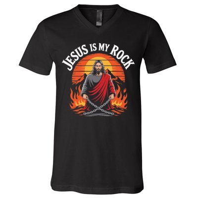 Jesus Is My Rock Biblical Christian Faith V-Neck T-Shirt