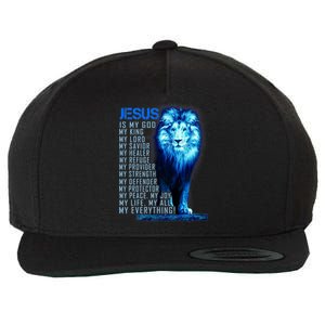 Jesus Is My God King My Lord My Savior Blue Lion Christian Wool Snapback Cap