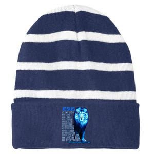 Jesus Is My God King My Lord My Savior Blue Lion Christian Striped Beanie with Solid Band