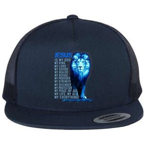 Jesus Is My God King My Lord My Savior Blue Lion Christian Flat Bill Trucker Hat