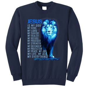 Jesus Is My God King My Lord My Savior Blue Lion Christian Tall Sweatshirt