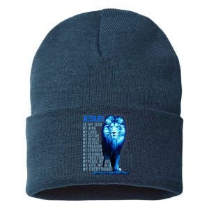 Jesus Is My God King My Lord My Savior Blue Lion Christian Sustainable Knit Beanie