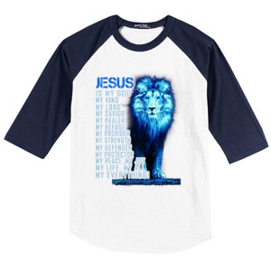 Jesus Is My God King My Lord My Savior Blue Lion Christian Baseball Sleeve Shirt