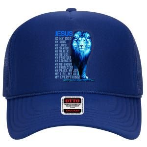 Jesus Is My God King My Lord My Savior Blue Lion Christian High Crown Mesh Back Trucker Hat