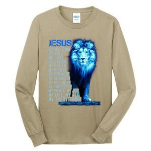 Jesus Is My God King My Lord My Savior Blue Lion Christian Tall Long Sleeve T-Shirt