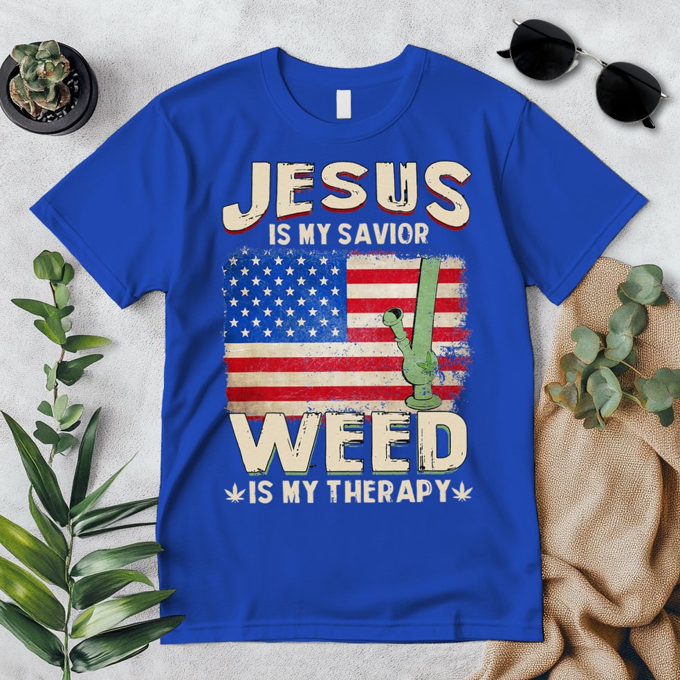 Jesus Is My Savior Weed Is My Therapy Marijuana Cannabis Premium T-Shirt