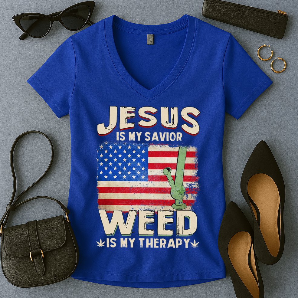 Jesus Is My Savior Weed Is My Therapy Marijuana Cannabis Women's V-Neck T-Shirt