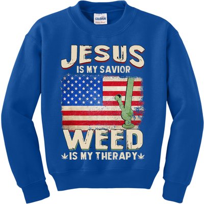 Jesus Is My Savior Weed Is My Therapy Marijuana Cannabis Kids Sweatshirt