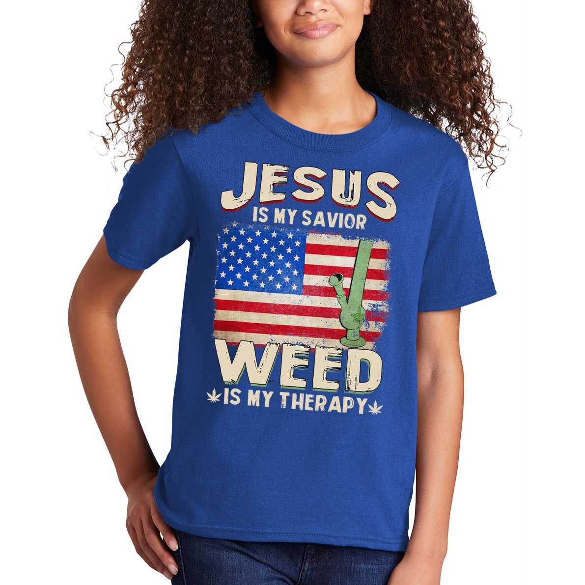 Jesus Is My Savior Weed Is My Therapy Marijuana Cannabis Kids T-Shirt