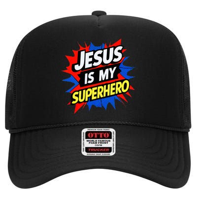 Jesus Is My Superhero Christian God Religious Comic High Crown Mesh Back Trucker Hat