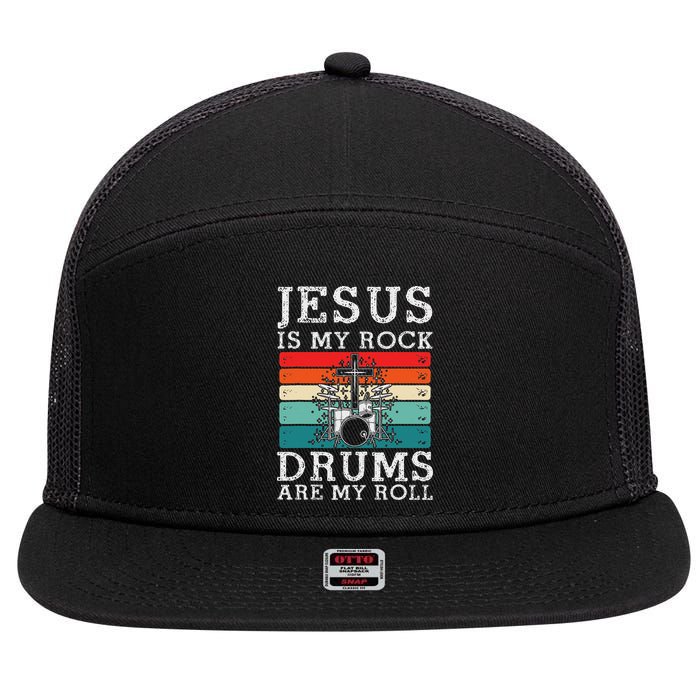 Jesus Is My Rock Drums Are My Roll Christian Drummer 7 Panel Mesh Trucker Snapback Hat